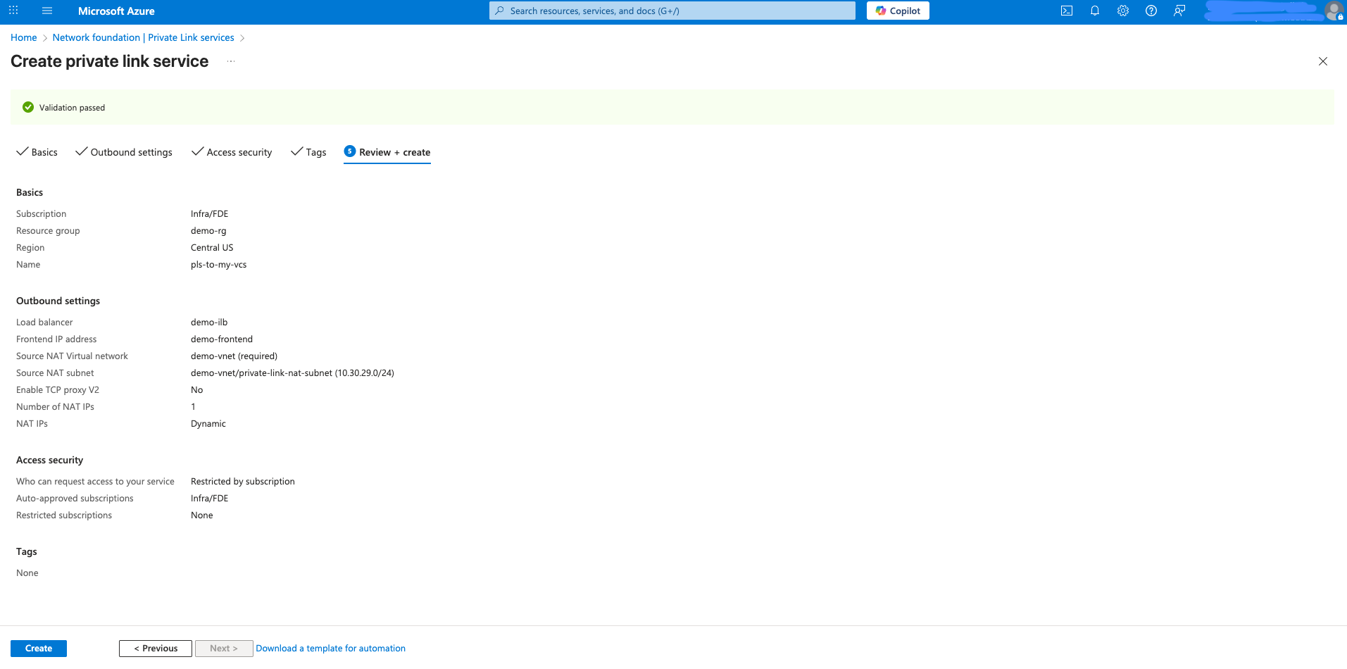 Screenshot of step 8: Creation of Azure Private Link Service